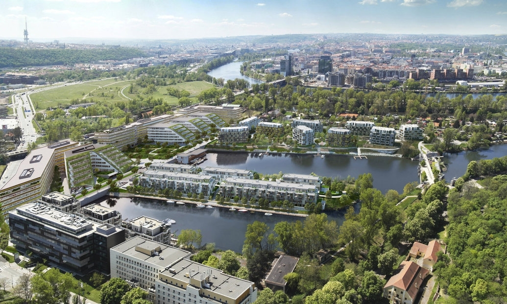 Pohled na administrativní budovu DOCK IN FOUR v Praze z ptačí perspektivy