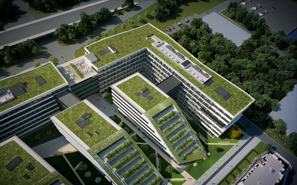 Vizualizace DOCK IN FIVE v Praze se zelenou střechou