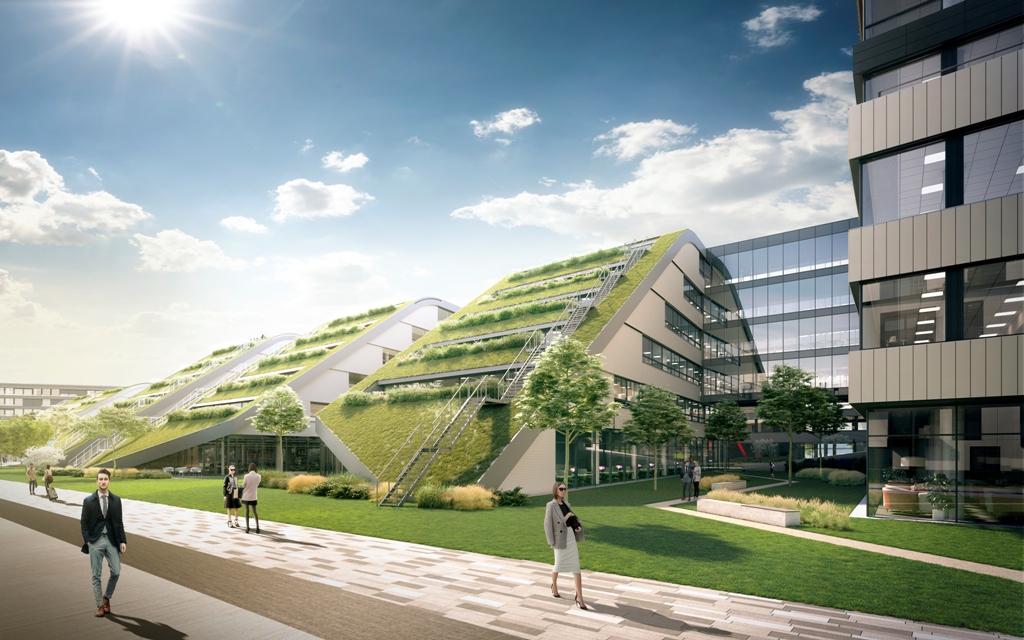 Vizualizace administrativní budovy DOCK IN FIVE obklopena zelenou trávou