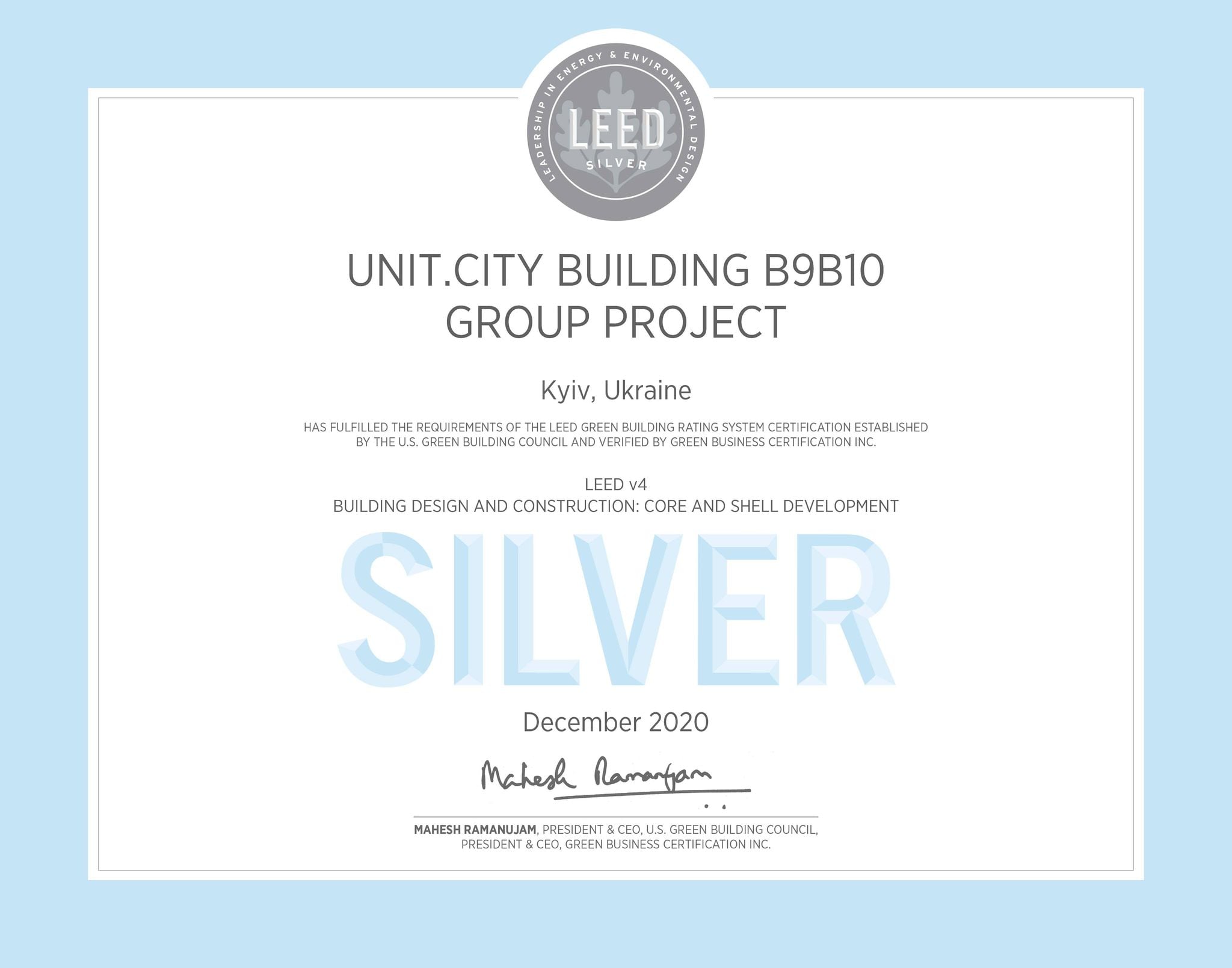 Stříbrný certifikát za projekt UNIT.CITY B9B10