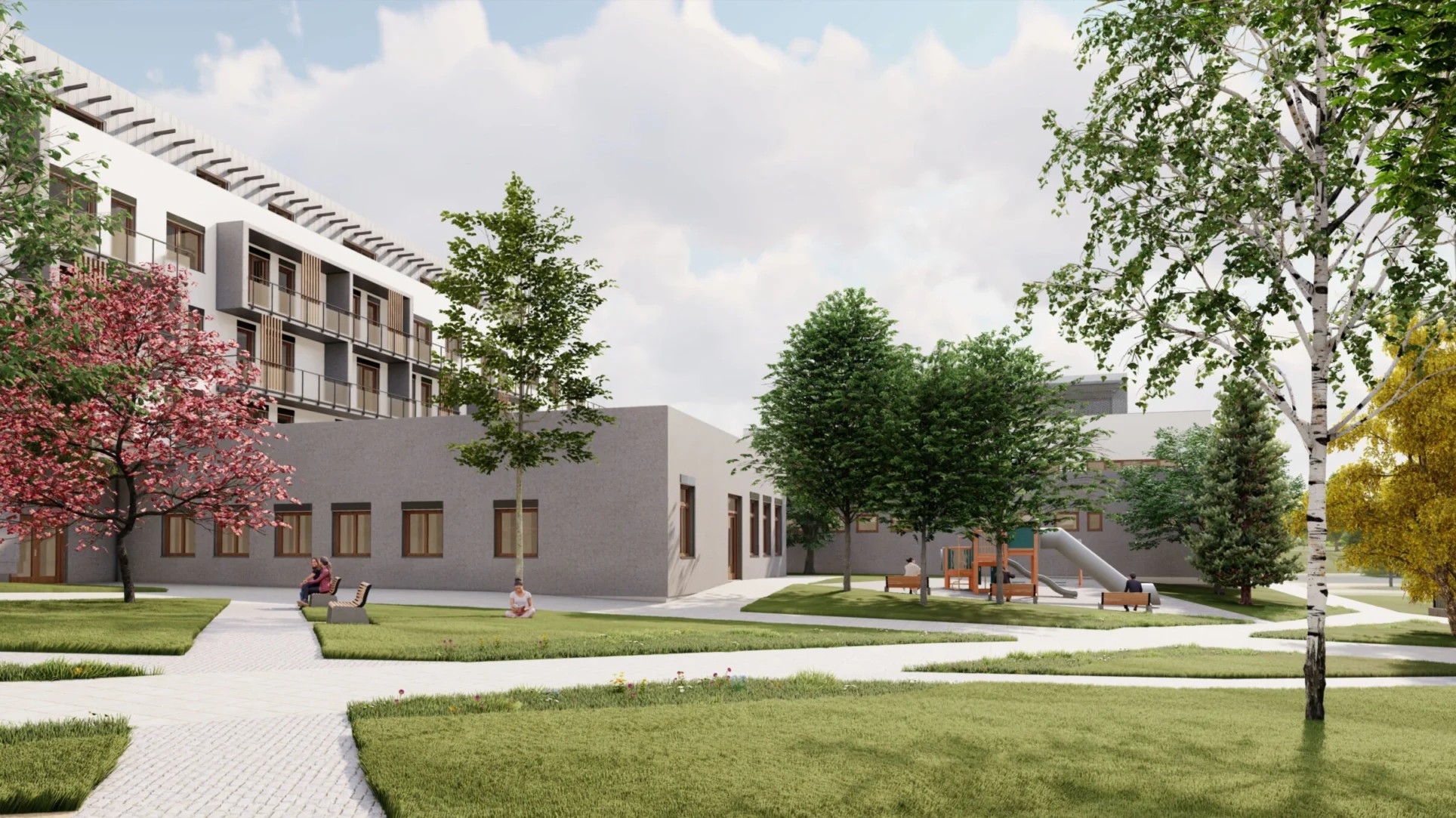 Rezidence Hůry_TZB projekce_DELTA Group CZ_pohled-z-vnitrobloku_skola_tělocvična